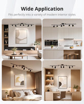 Track light fixture in various modern interior settings including a living room, kitchen, bedroom, and office.